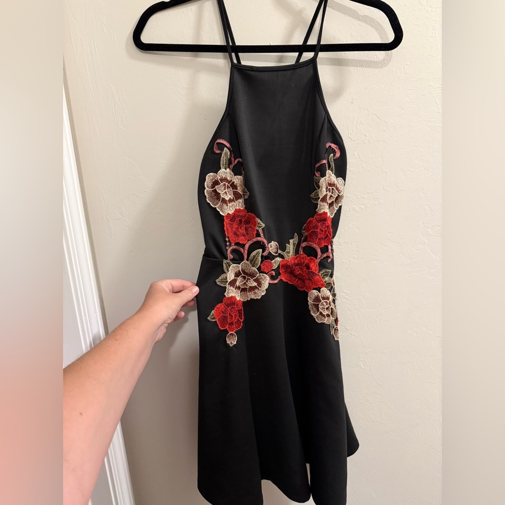 Charlotte Russe size small dress black criss cross back floral red decal patch